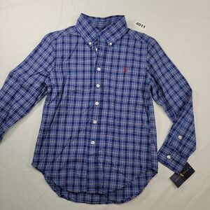 NWT Ralph Lauren Boys Plaid Button Shirt Long Sleeve Blue Sz S/8 Cotton Red Pony